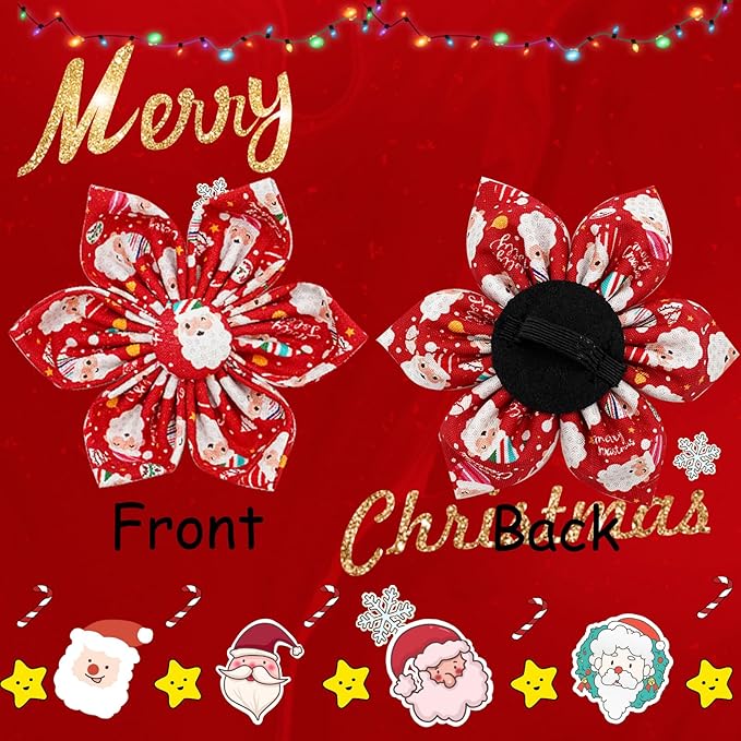 Elegant Little Tail Christmas Dog Collar with Santa Claus, Flowers for Medium Dogs