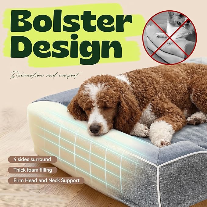 42 Inch XL Orthopedic Dog Couch Bed for Large Dogs Up to 80 lbs,Cooling Gel Memory Foam + Egg Crate Foam,Waterproof Removable Washable Cover,4-Sided Bolster,Non-Slip Bottom,Dark Grey