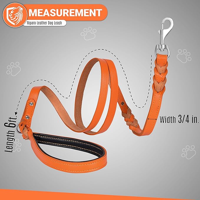 Riparo Leather Dog Leash 6ft with 2 Handles Padded Traffic Handle for Extra Control, Leather Dog Leashes for Large Breed Dogs Training Walking Heavy Duty Leashes for Dogs (Orange, L: 3/4" x6ft)