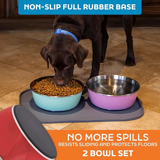 Master Pet Supply Stainless Steel Dog Bowls Set of 2 (128 Oz Each) with Non-Slip Rubber Base - Crimson Flame - Basic Dog Food Bowl Water & Food Bowls for Small Medium Large Dogs & Cats, Metal Dish