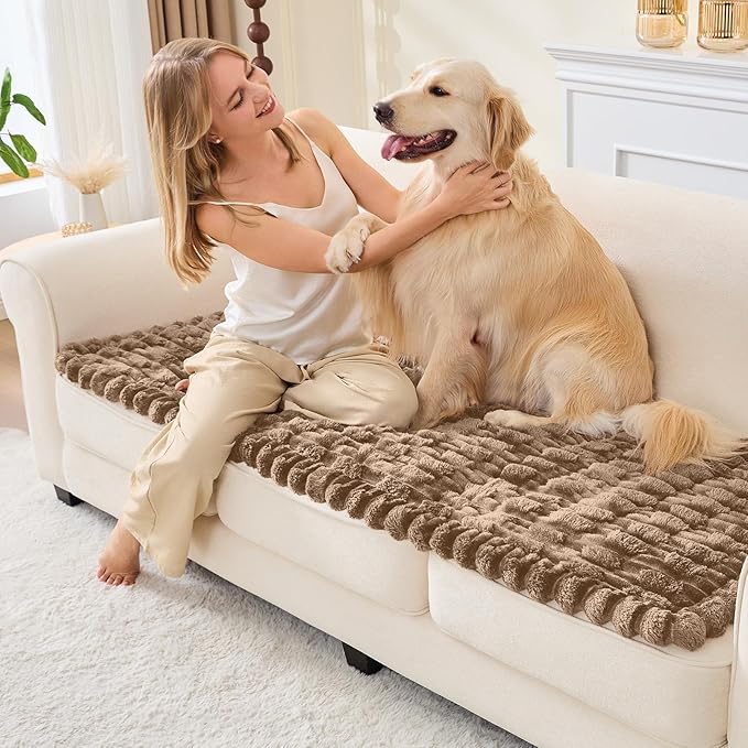 Couch Cover for Dogs, Non Slip Fuzzy Pet Couch Covers for Sofa,Pet Friendly Dog Mat for Couches and Sofas,Thick Soft Sofa Slipcovers Cushion Protector(Leather Color, 28" x 83"/70 x 210cm)
