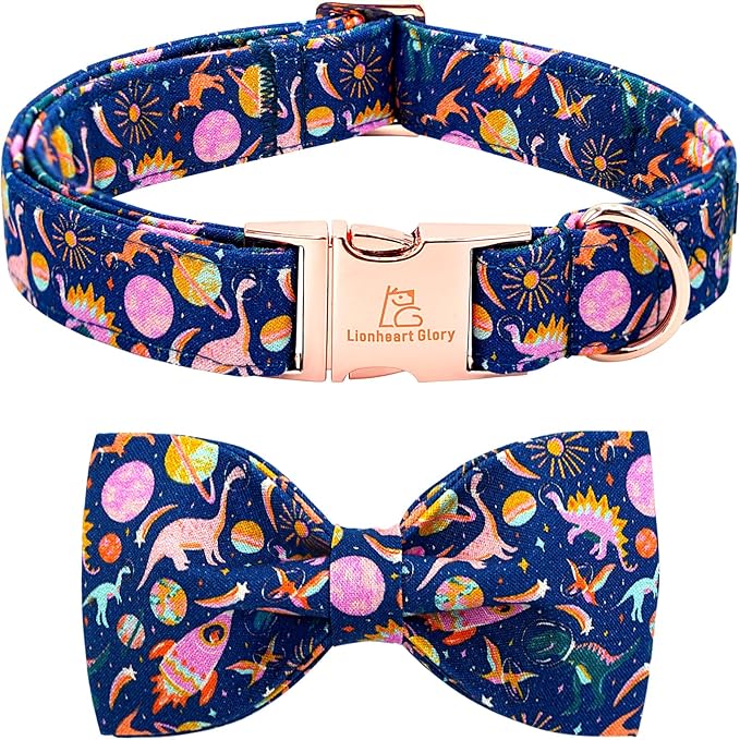 Lionheart glory Dog Bow Collar Dinosaurs Pattern Cute Collars for Large Dogs,Soft Duty Adjustable Dog Collar with Bowtie Spring Summer Puppy Collars Bows Pet Gift