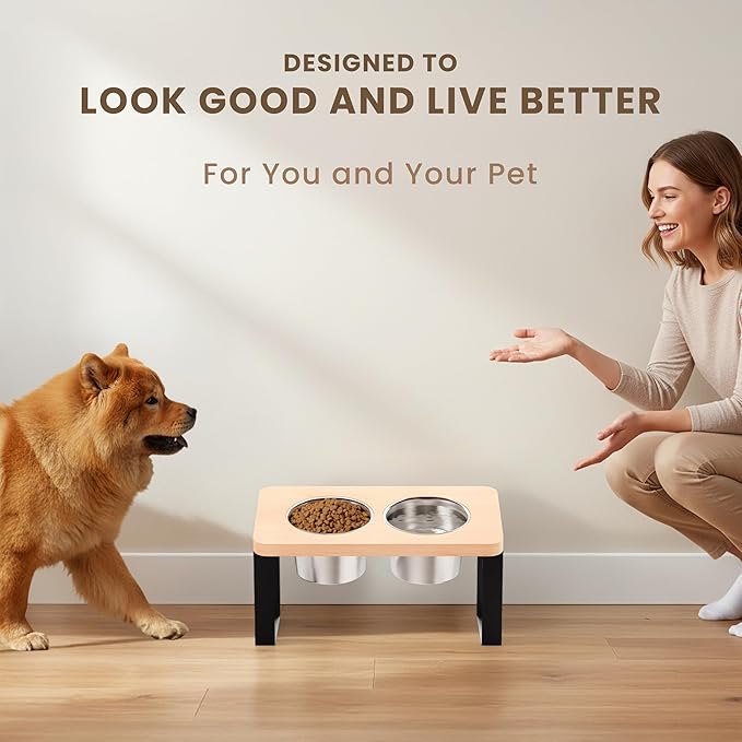 8.9" Tall Elevated Dog Bowls - Ergonomic Stainless Steel Dog Bowls with 10° Tilt in Bamboo Wood Stand for Medium Breed