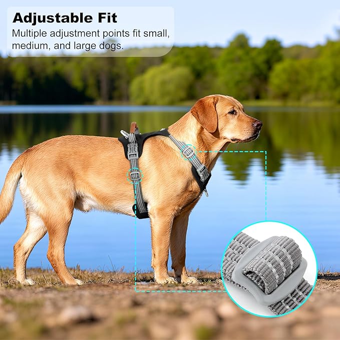 No Pull Dog Harness – Adjustable Reflective Nylon Vest for Small Medium Large Dogs, Escape Proof Training Harness with Leather Control Handle, Lightweight Aluminum Hardware (Black, M)