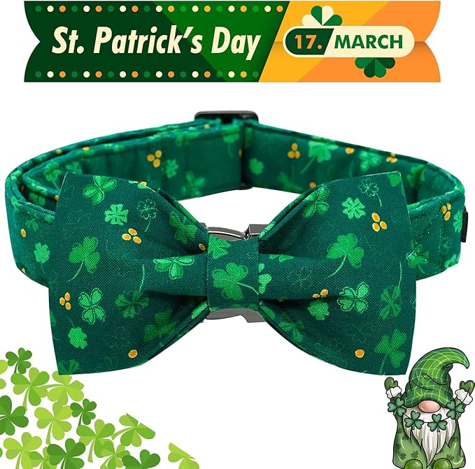 Elegant little tail St. Patrick's Dog Collar, Green Clover Print Sturdy Soft Dog Collars Pet Gift Puppy Bowtie Adjustable Pet Collars for Medium Dogs