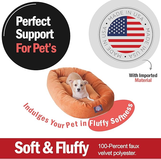 Majestic Pet 32 Inch Micro Velvet Calming Dog Bed Washable – Cozy Soft Round Dog Bed with Spine for Head Support - Fluffy Donut Puppy Mat 32x23x7 (inch) Medium – Orange