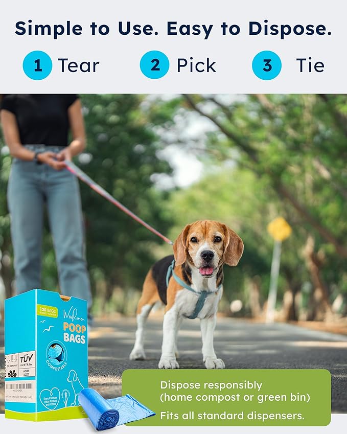Wooflinen Unscented Dog Poop Bags – Leak-Proof Dog Poop Bags Rolls – Large 9x13”, Durable, Easy Tear – Made from Plant-Based Materials – For Big & Small Dogs – 120 Bags (8 Rolls)