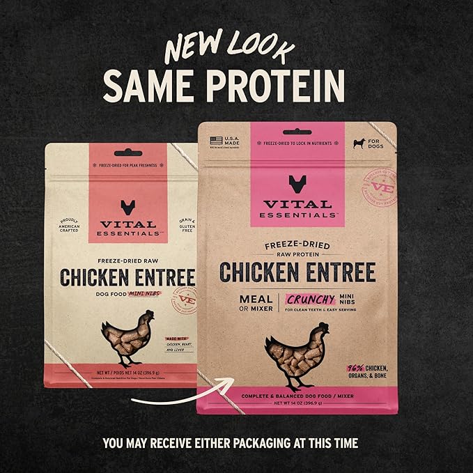 Vital Essentials Freeze Dried Dog Food, Raw Chicken Crunchy Mini Nibs | Complete Meal or Mixer | High Protein, Low Carb, Grain Free, Dry Dog Food | 14 oz