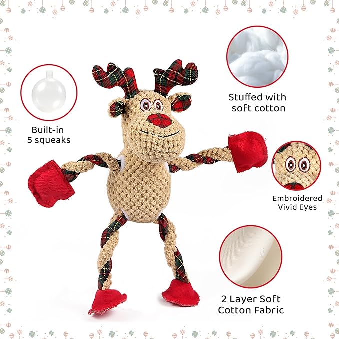 Christmas Dog Toys for Small Medium Large Dogs, Squeaky Plush Chew Toys with Squeaker & Crinkle - Tough Durable Lambchop Stuffed Animal, Puppy Stocking Stuffers (Light Brown)