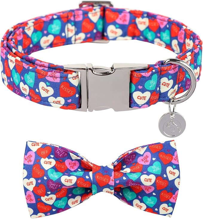 DOGWONG Valentine's Dog Collar With Blue Heart Bowtie, Adjustable Durable Pink Heart Cute Collar for Small Medium Dogs