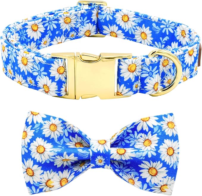 Tunkoo Blue Daisy Dog Collar with Cute Flower Bow Tie, Adjustable Premium Cotton Collar Durable Metal Buckle for Small Medium Large Boys Girls Dogs, S