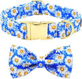 Tunkoo Blue Daisy Dog Collar with Cute Flower Bow Tie, Adjustable Premium Cotton Collar Durable Metal Buckle for Small Medium Large Boys Girls Dogs, L