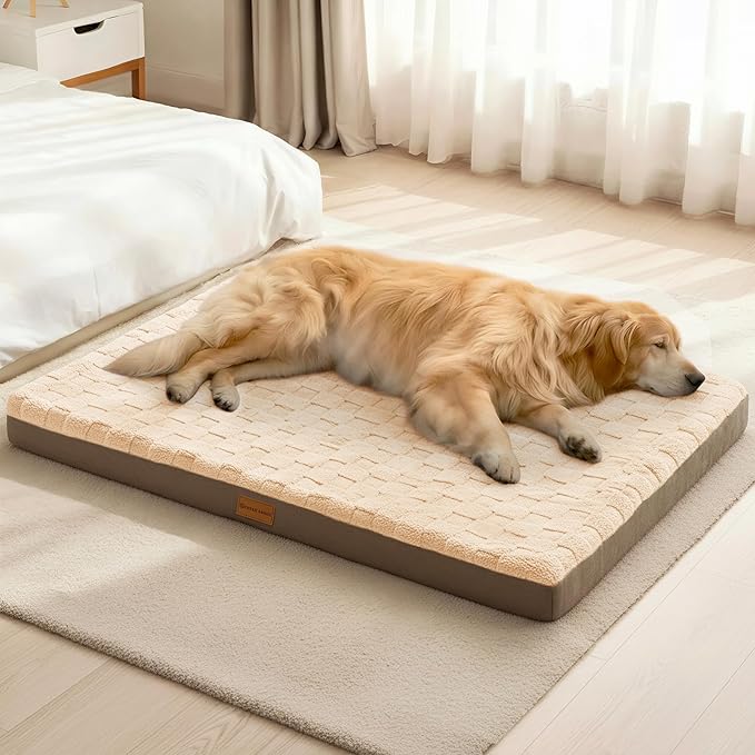 Patas Lague Orthopedic XL Dog Bed Large Sized Dog 42''X28'', Waterproof Soft Comfortable Egg Crate Foam Large Pet Beds Crate Mat with Removable Washable Cover and Nonskid Bottom, Brown