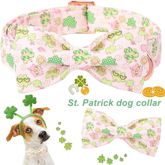 ARING PET St Patrick's Dog Collar with Bow, Cute Pink Shamrock Clovers Pets Detachable Bow Tie Collars for Puppy Small Medium Large Girl Boy Dogs-S
