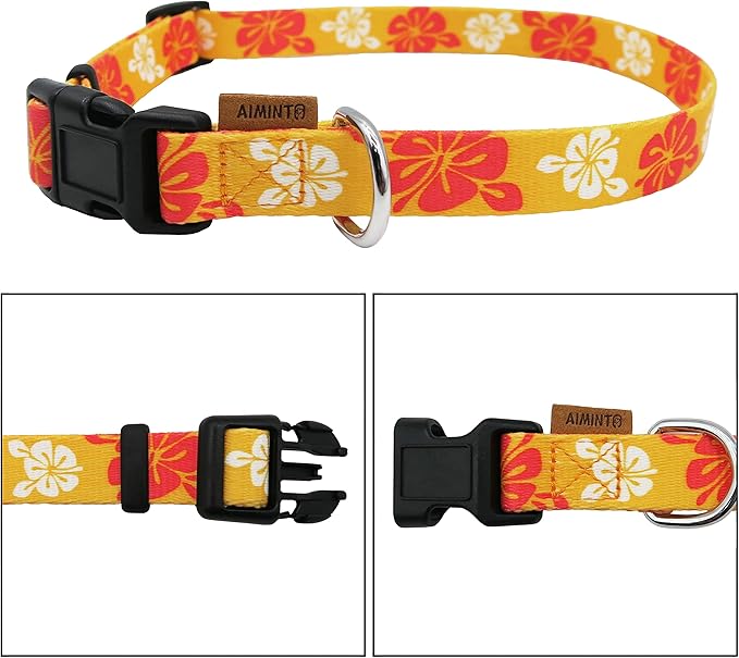 Dog Collar, Cute Floral Pattern, Soft and Adjustable Collar with Quick Release Buckle (S (Neck 11-18", Width 5/8"), Hawaiian Orange)