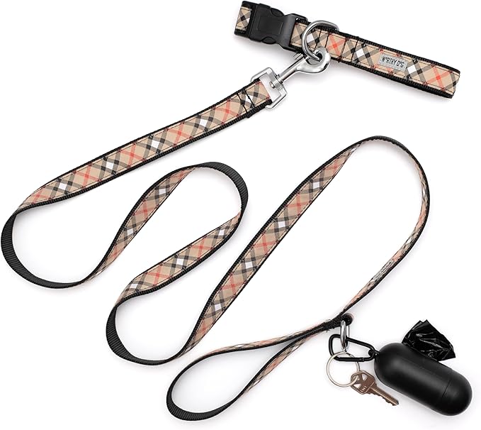 THE WORTHY DOG 5 FT Nylon Dog Leash for Medium to Large Dogs, Metal Quick Clip, Plaid Pattern, Tan, Large