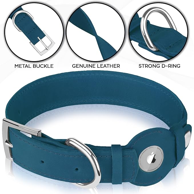 Leather Dog Collar with Airtag Holder - Apple Air Tag Dog Collars - Soft Tracking GPS Pet Collar for Small Medium Large Dogs Breed Puppy (Smoky Blue, S, 9"-12" Neck Fit)