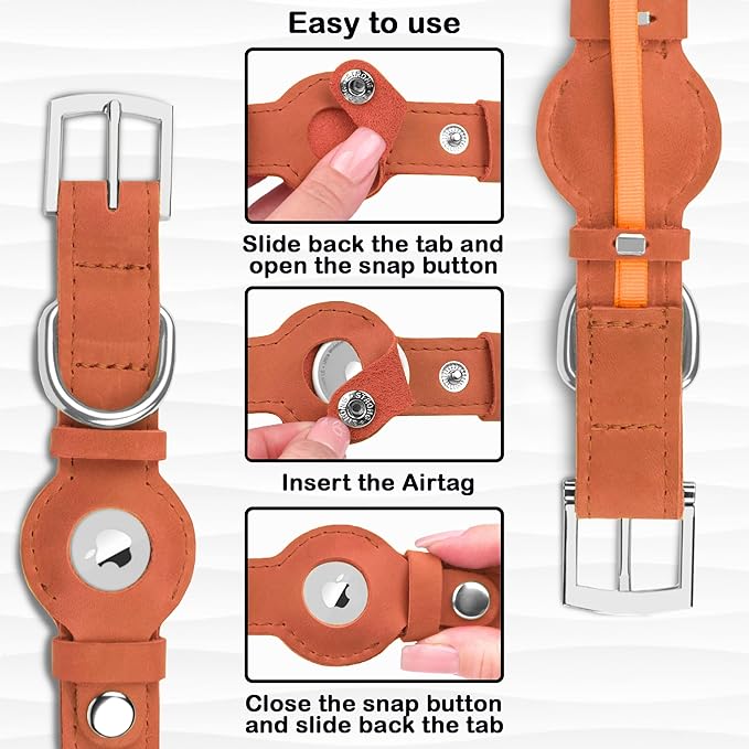 Leather Dog Collar with Airtag Holder - Apple Air Tag Dog Collars - Soft Tracking GPS Pet Collar for Small Medium Large Dogs Breed Puppy (Tawny, XL, 19"-24" Neck Fit)