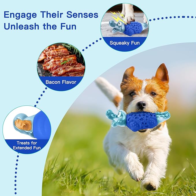 FurtasticiFinds Dog Chew Toys for Aggressive Chewers, Tough Squeaky Dog Toy for Large Medium Dogs, Bacon Flavor Nylon & Natural Rubber, Dental Care Interactive Dog Toys to Reduce Boredom, Royal Blue