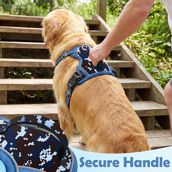 Funfox Dog Harness No Pull, Adjustable Pet Vest Harness, Super Soft Material with Vertical Handle Easy Control, Reflective Night Walking, 2 Leash Clips for Small Sized Dogs, Mosaic Blue, S