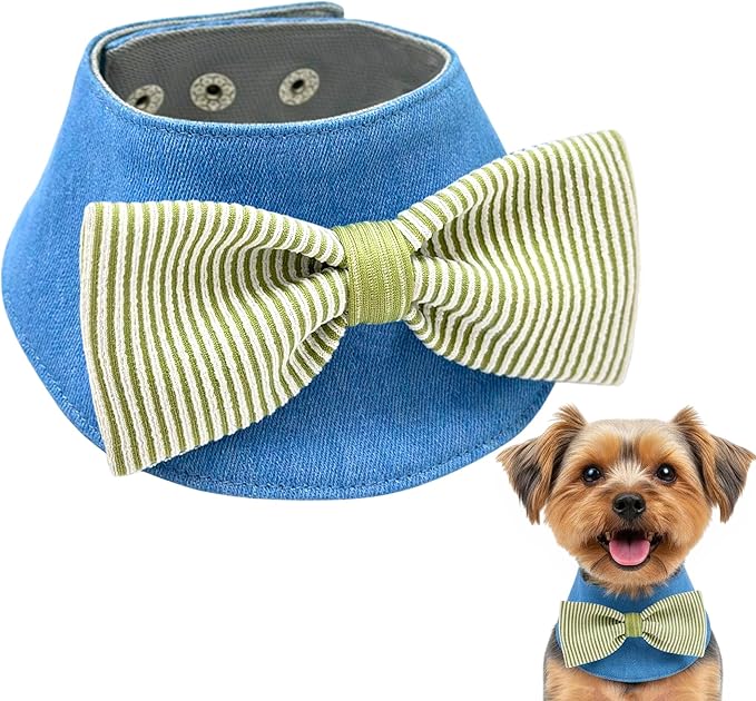 Denim Dog Bandana – Striped Bowtie, Soft & Durable Pet Scarf with Adjustable Metal Snap Buttons for Dogs & Cats (Green, X-Large)