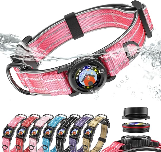 Upgrade Airtag Dog Collar,with IPX8 Waterproof AirTag Holder | Reflective Ultra-Durable | Soft Padded | Lock Buckle | Heavy Duty | Fit Small Medium Large Dogs（Rose，L(17"～23")）