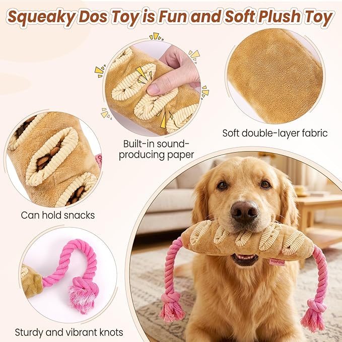 Tough Dog Toys for Aggressive Chewers Large Breed, Interactive Crinkle Plush Puzzle Feeder, Indestructible Heavy Duty Tug of War Stuffed Animal with Rope, Puppy Enrichment Chew Toy