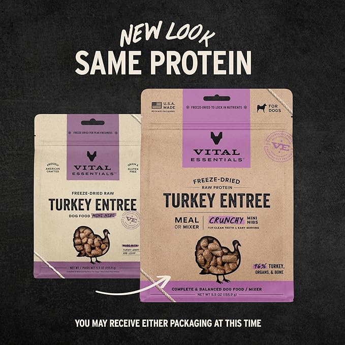 Vital Essentials Freeze Dried Dog Food, Raw Turkey Crunchy Mini Nibs | Complete Meal or Mixer | High Protein, Low Carb, Grain Free, Dry Dog Food | 5.5 oz