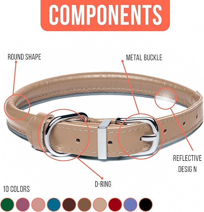OOPSDOGGY Rolled Leather Dog Collar Reflective Roll Collars for Small Medium Large Dogs Puppy (Beige, XL, 17'' - 21'')