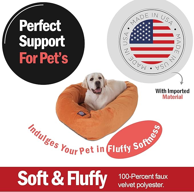 Majestic Pet 40 Inch Micro Velvet Calming Dog Bed Washable – Cozy Soft Round Dog Bed with Spine for Head Support - Fluffy Donut Puppy Mat 40x29x9 (inch) Large – Orange