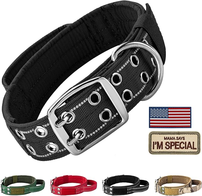 Annchwool Tactical Dog Collar for Medium and Large Dog,Adjustable Military Dog Collar with Soft Padded Handle,Heavy Duty Double Buckle Design(Black,L)