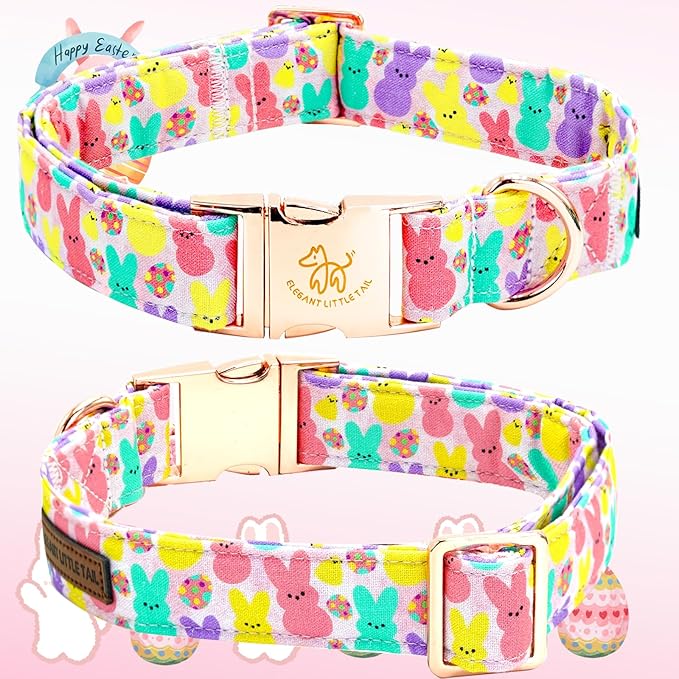 Elegant Little Tail Pink Bunny Print Easter Dog Collar, Adjustable S Size for Small Dogs