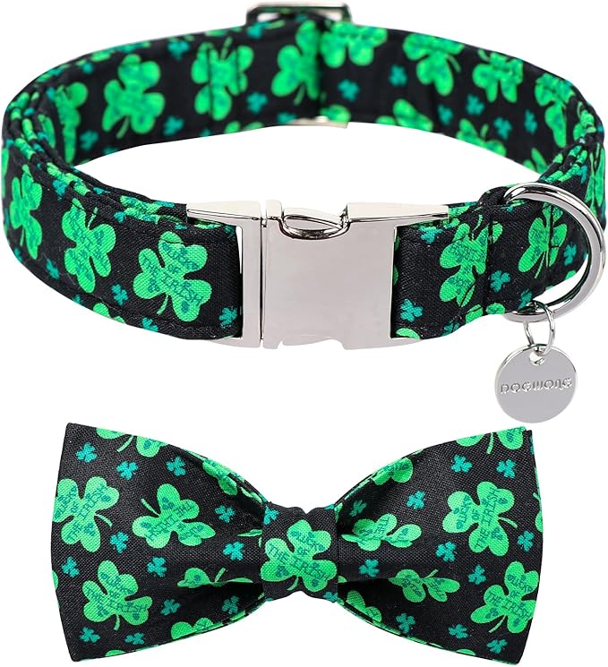 DOGWONG Green Lucky Clover Shamrock Dog Collar with Bowtie, Soft Adjustable St. Patrick's Day Lucky Charm Black Puppy Collar for Small Medium Large Dog