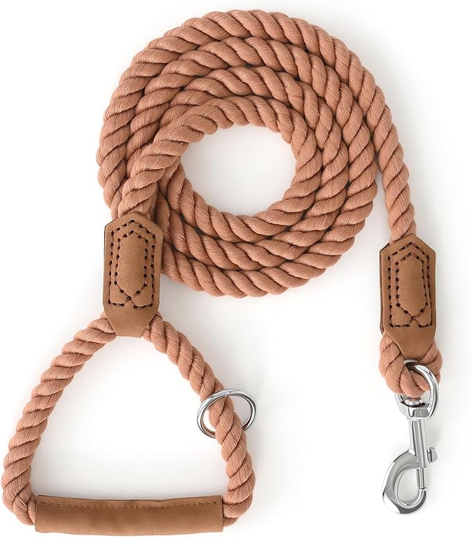 Mile High Life Dog Leash, Braided Cotton Rope Leashes with Leather Handle - Heavy Duty Metal Clasp, 5FT, 1/2" Thick - Wedding, Walking & Training Leash for Small Medium Large Dogs (Mocha Mousse)