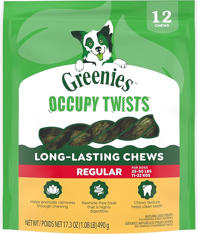 Greenies Occupy Twists Natural Dog Treats Regular Size Dog Chews Long Lasting Chicken Flavor, 17.2 oz. Pack, 12 Count
