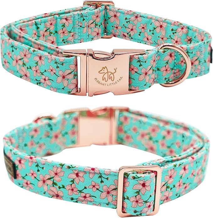 Elegant little tail Dog Collar, Spring Pet Collar with Flower Dog Durable Pink Flower Print Dog Collars Girl Pet Gift Adjustable Dog Collar for Small Dogs