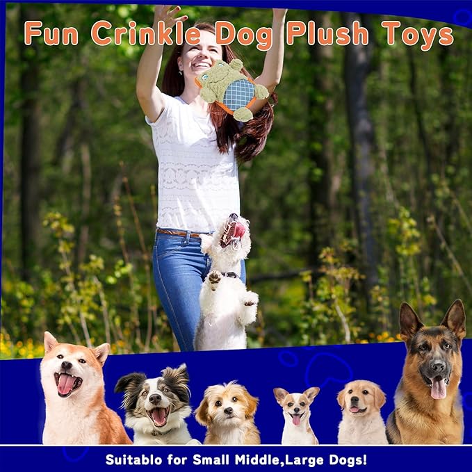 Crinkle Dog Toys Squeaky Plush No Stuffing Cute Puppy Stuffless Tough Rop Pull Toy, Fun Dog Stuffed Animals Durable Chew Set for Small Medium Large Pup (Large, Green Frog)