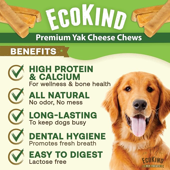 EcoKind Premium Gold Yak Cheese Himalayan Dog Chews, Dog Treats for Medium Dogs, All Natural, High Protein, for Aggressive Chewers, Medium - 6 Chews
