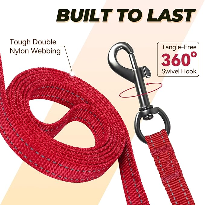 VIVAGLORY Twingrip Dog Leash, Double Handle Dog Leash for Training & Walking with Traffic Handle & 2 Loop, Traffic Control Reflective Heavy Duty for Puppy Pet, 6ft x 1/2in, Red