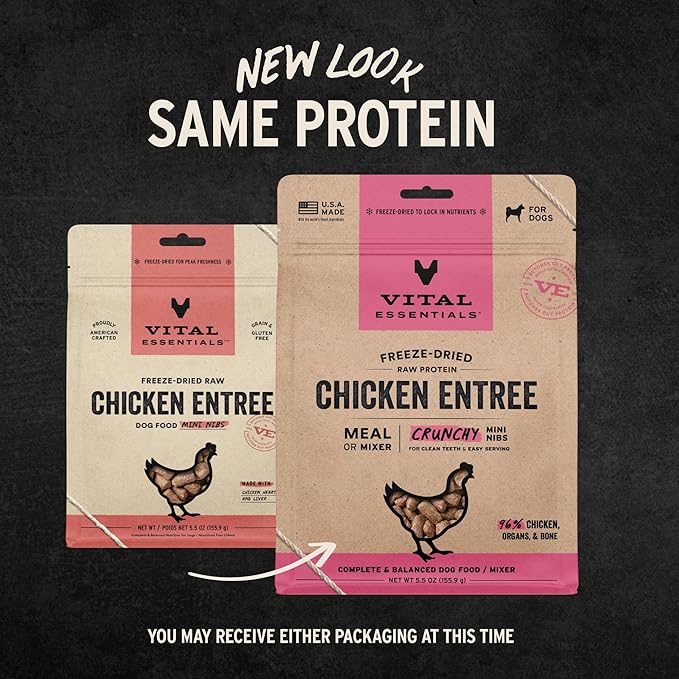 Vital Essentials Freeze Dried Dog Food, Raw Chicken Crunchy Mini Nibs | Complete Meal or Mixer | High Protein, Low Carb, Grain Free, Dry Dog Food | 5.5 oz