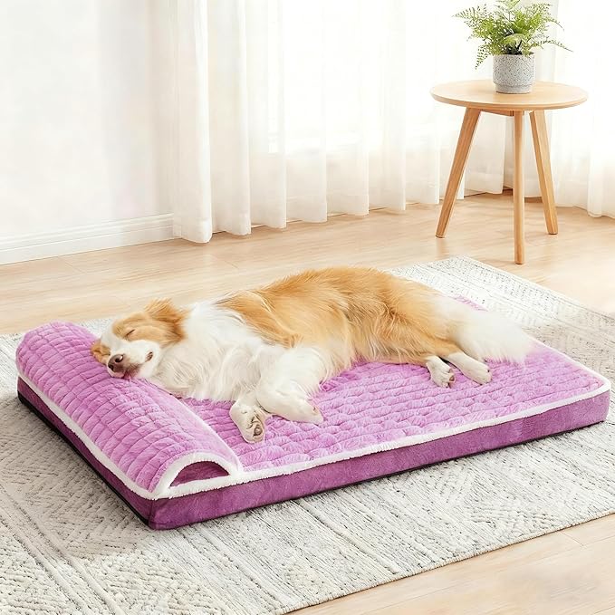Orthopedic XL Dog Bed Large Sized Dog with Pillow 48''X30'', Waterproof Soft Comfortable Egg Crate Foam Pet Crate Beds Mat with Removable Washable Cover and Non-Slip Bottom, Lilac