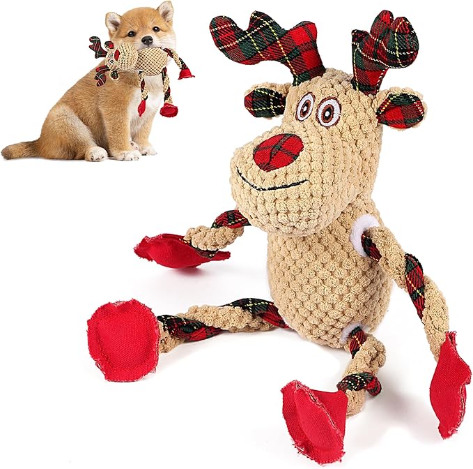 Christmas Dog Toys for Small Medium Large Dogs, Squeaky Plush Chew Toys with Squeaker & Crinkle - Tough Durable Lambchop Stuffed Animal, Puppy Stocking Stuffers (Light Brown)