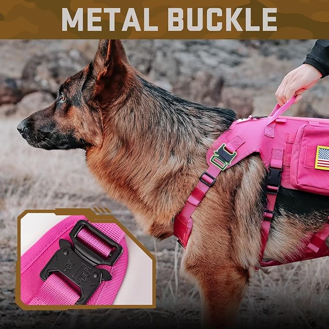 Forestpaw Dog Harness for Large Dogs,Tactical Dog Harness with Handle,No Pull Military Service Dog Vest with Pockets Adjustable for Walking Training,Hot Pink,Chest 21.5-45"