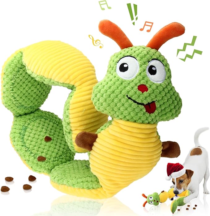 Gigwi Interactive Dog Puzzle Toys, Pet Snuffle Toy Treat Dispensing IQ Training, Cute Caterpillar Design Squeaky Plush Toys Tug of War, Hide and Seek Dog Entertainment Toys for Boredom