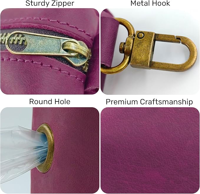HIFA Genuine Leather Dog Waste Holder, Leash Attachable - Soft Touch Rustic Leather, Metal Clips and Easy Access to Pet Waste Bags - Dog Poop Dispenser for Outdoor Walking