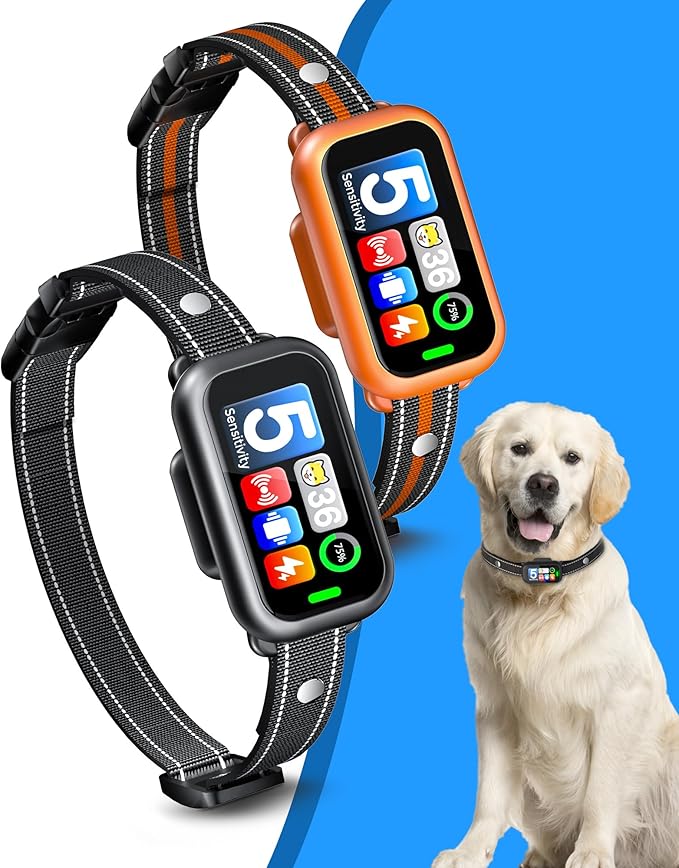 2 Pack Dog Bark Collar for Large Medium Small Dogs, 1s Fast Stop Barking Rechargeable Smart Bark Collar, Anti Barking Training Collar, 5 Adjustable Sensitivity Beep Vibration Shock with Airtags Case