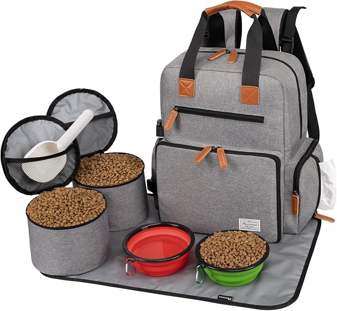 Modoker Dog Travel Bag, Airline Approved Backpack for Pet Accessories Organizer, Tote Weekend Bag with 2 Food Storage Containers, 2 Collapsible Dog Bowls, 1 Pet Mat, Grey