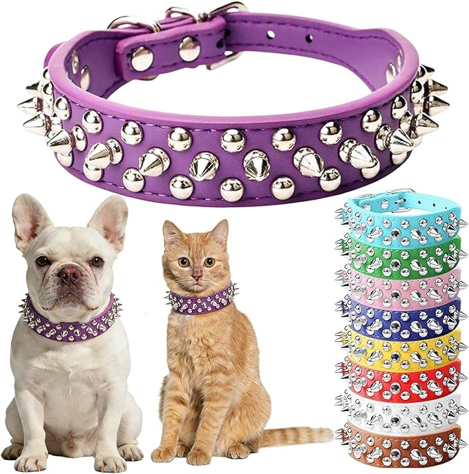 Purple Spiked Dog Collar for Small Dogs, Girl's Spike Puppy Collars Leather Mushrooms Rivet Female Studded Cat Collars Adjustable for Kitten XXS XS S Medium Large Dogs, XX-Small