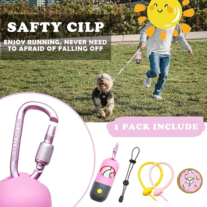 Dog Poop Waste Bags Holder with LED Flashlight|Cute Doggie Poo Bags Dispenser for Pet Leash|Trash Waste Bags Carrier with Potty Bags Clip Fastener LR44 Button Cells Included(2 Pack) (Pink)