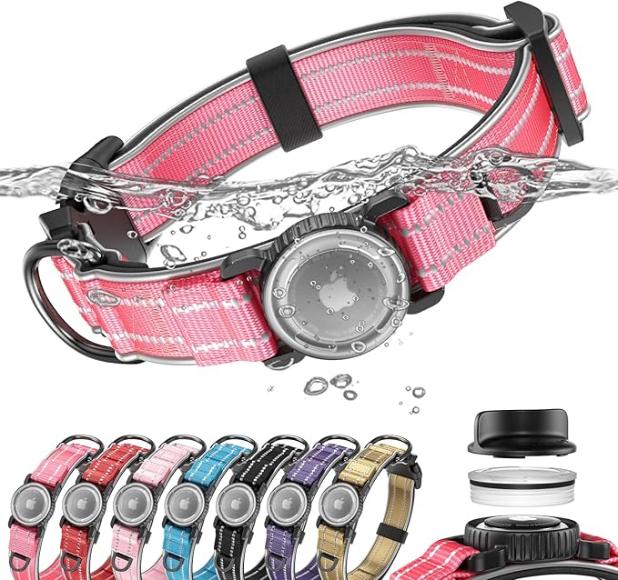 Upgrade Airtag Dog Collar,with IPX8 Waterproof AirTag Holder | Reflective Ultra-Durable | Soft Padded | Lock Buckle | Heavy Duty | Fit Small Medium Large Dogs（Rose1，L(17"～23")）